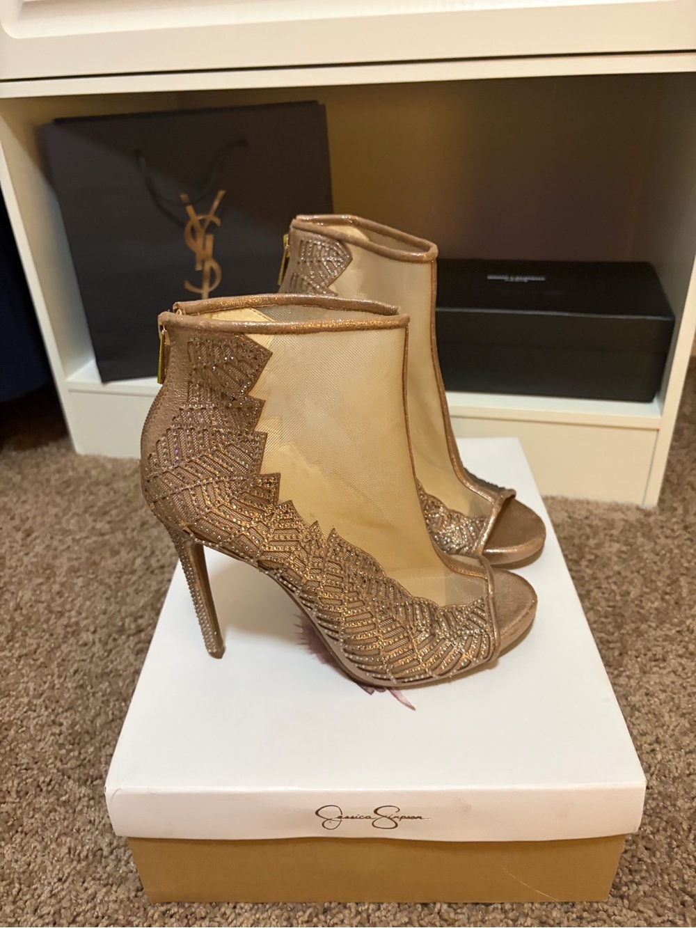 Jessica Simpson Metallic Champagne Mesh Peep-Toe Stiletto Booties 6.5 - New